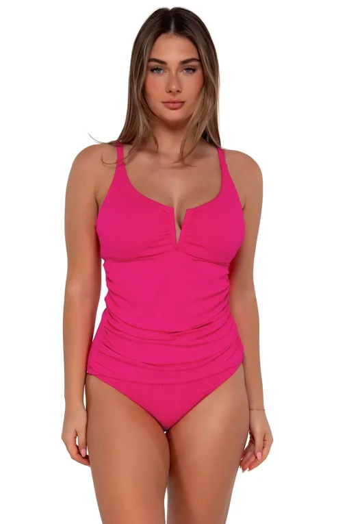 Sunsets Begonia Sandbar Rib Zuri V-Wire Tankini Top< Plus Size | Underwire