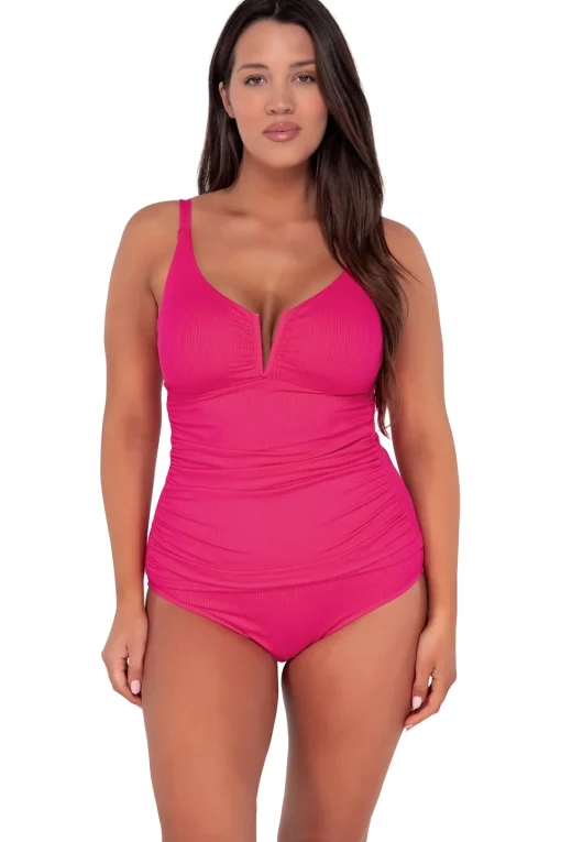 Sunsets Begonia Sandbar Rib Zuri V-Wire Tankini Top< Plus Size | Underwire