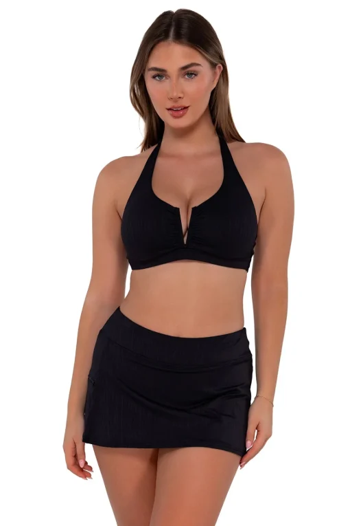 Sunsets Black Seagrass Texture Sporty Swim Skirt< Plus Size